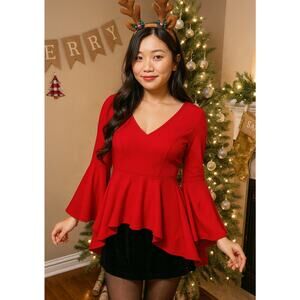 Ups & Downs Red Peplum Flare Sleeve Top Retro 90s Y2K Small Holiday Christmas